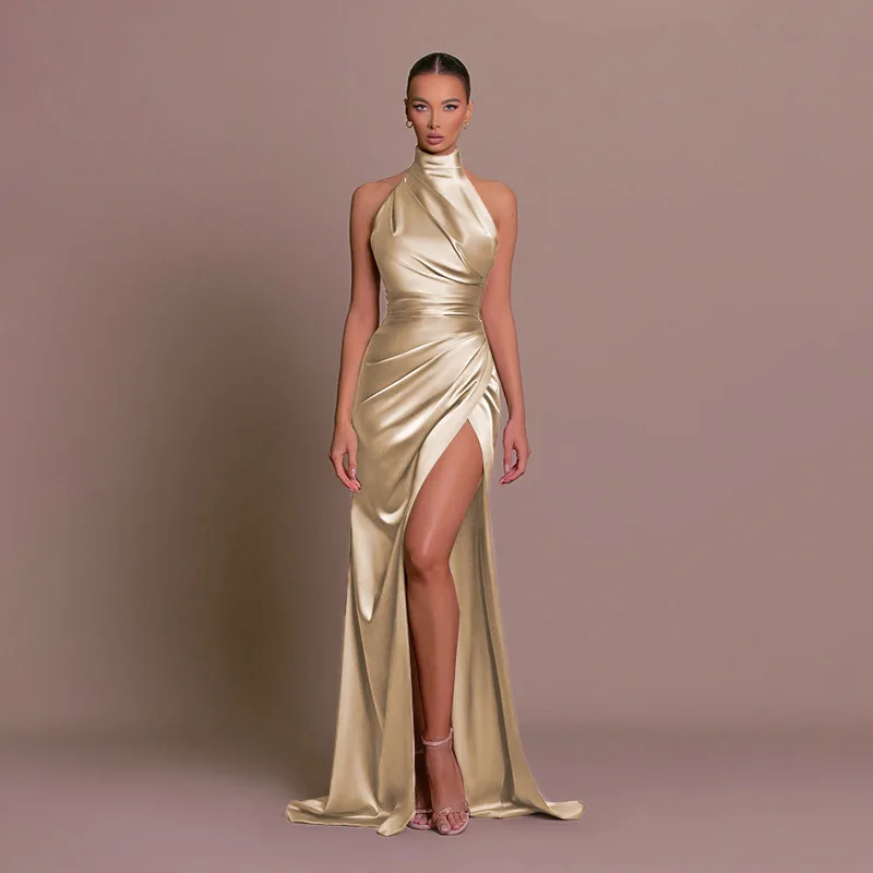 sachin and babi light blue dress Sexy Satin Turtleneck Slit Long Dress Luxury Women's Black Champagne Curvy  Backless Dresses Prom Evening Party Birthday New Red