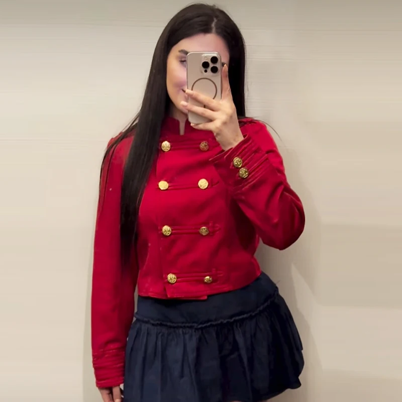 HXAO Rote Cropped-Jacke für Damen, Demi-Season 2026, elegante O-Ausschnitt-Jacke mit Doppelreihenknöpfen und langen Ärmeln, schicke Militär-Oberbekleidung – Detail 11