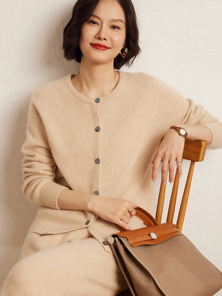 

Fashionable Temperament Autumn Winter Women's Warm Soft O-Neck 100% Cashmere Cardigan Sweater Casual Loose Comfort Clothing Tops