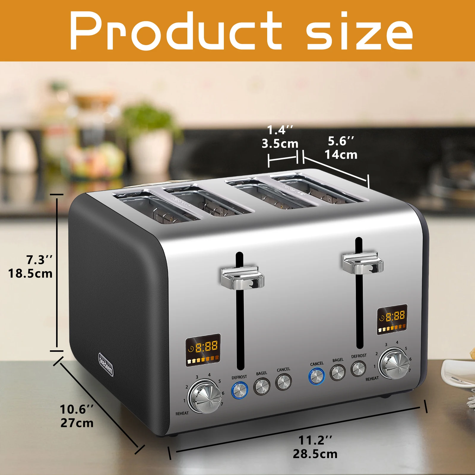 4 Slice Toaster,Stainless,Smart Control,7 Bread Shade Settings,1.5'' Wide Slots,4-in-1 Functions,Removable Crumb Tray,1800W