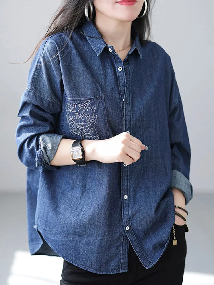 

Свободный длинный джинсовый тюнер с воротником све и вышивкой, женская повседневная верхняя одежда на пуговицах в Корейском стиле