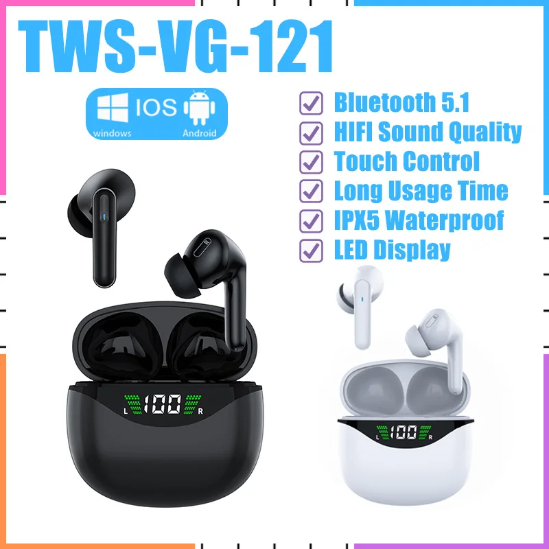 VG121 TWS Wireless Stereo Earbuds Bluetooth 5.1 Earphones Smart Touch HiFi Headphones with Mic Waterproof Headsets