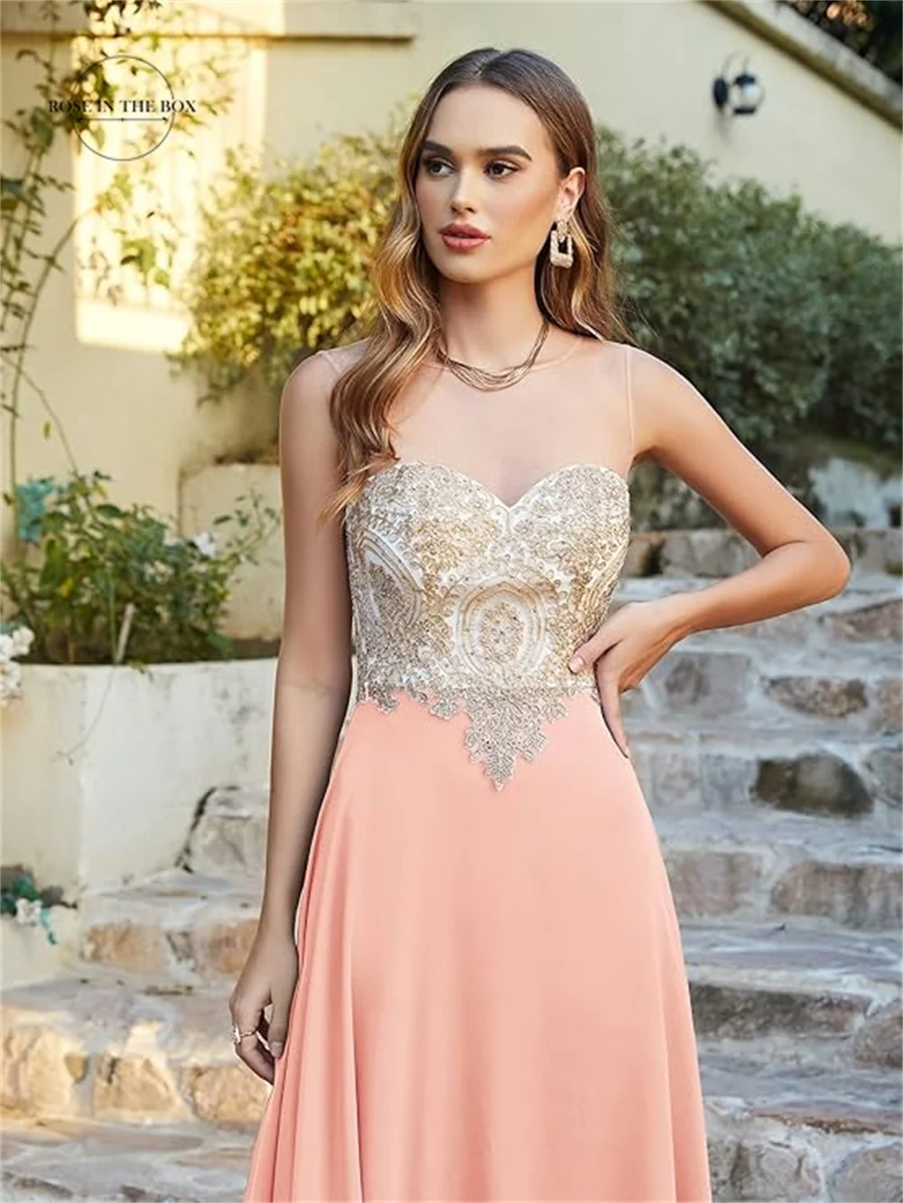 Elegant Gold Appliques Bridesmaid Long Dresses Women Illusion Neck A Line Chiffon Prom Evening Party Gowns Maxi Gala Dress