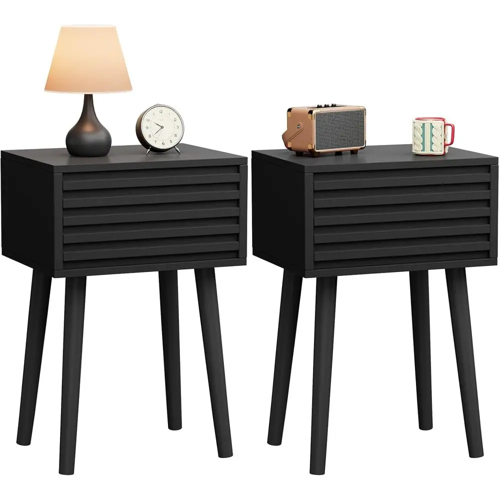 

Fluted Nightstand Set of 2 Small Bedside Table Mid-Century Modern End Table Push-to-Open Door Solid Wood Legs 13.78" x 10.63" x