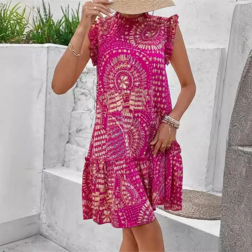 

Summer Women Sexy Pleated Beach Sundress Vintage Floral Print Dress Ruffle Sleeve Sweetheart Dress Mini Dress red A-line Dresses