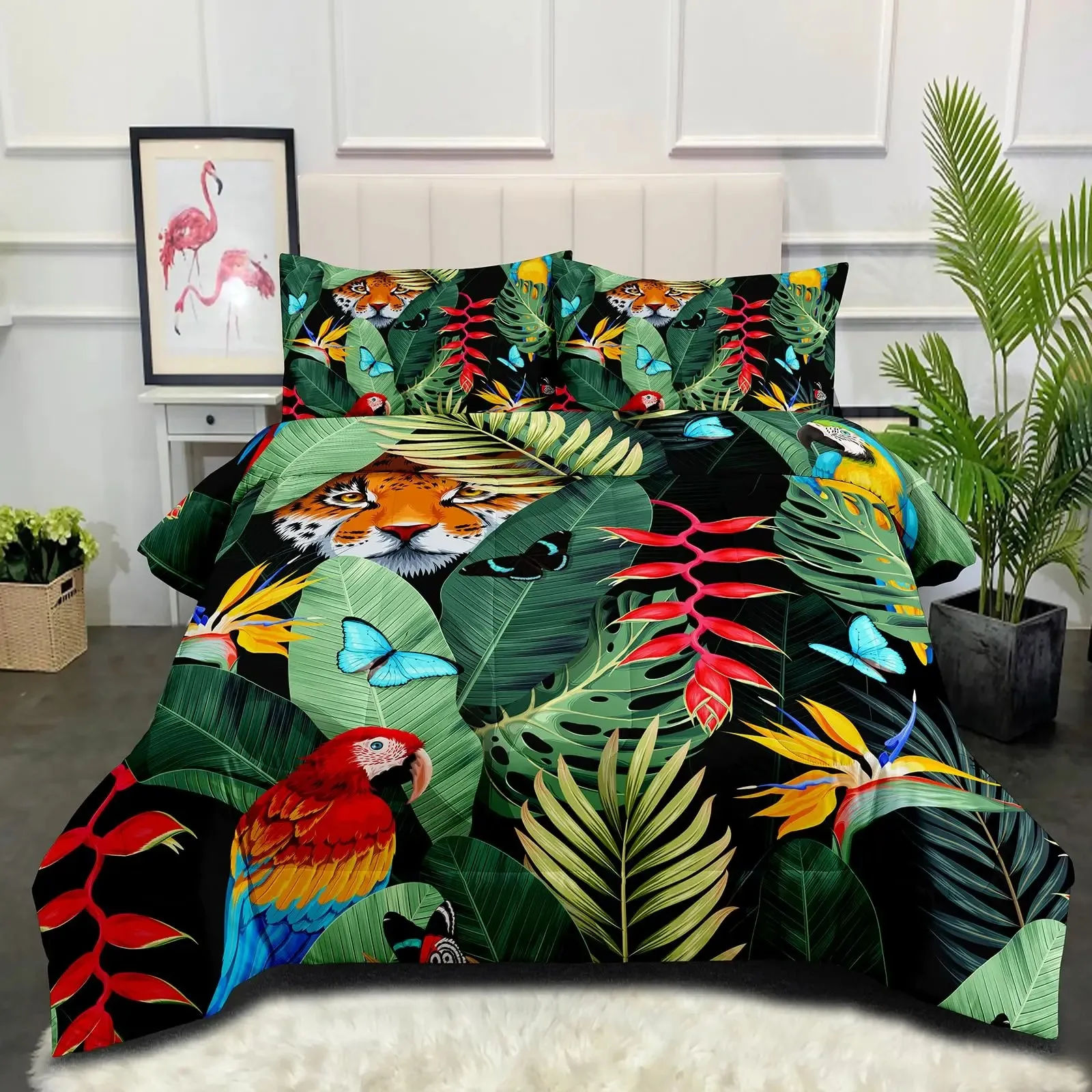 

Comforter Cover Parrot Bedding Set Tropical Palm Leaf Duvet Cover for Girls Floral Botanical Safari Animals Birds Fresh Natural