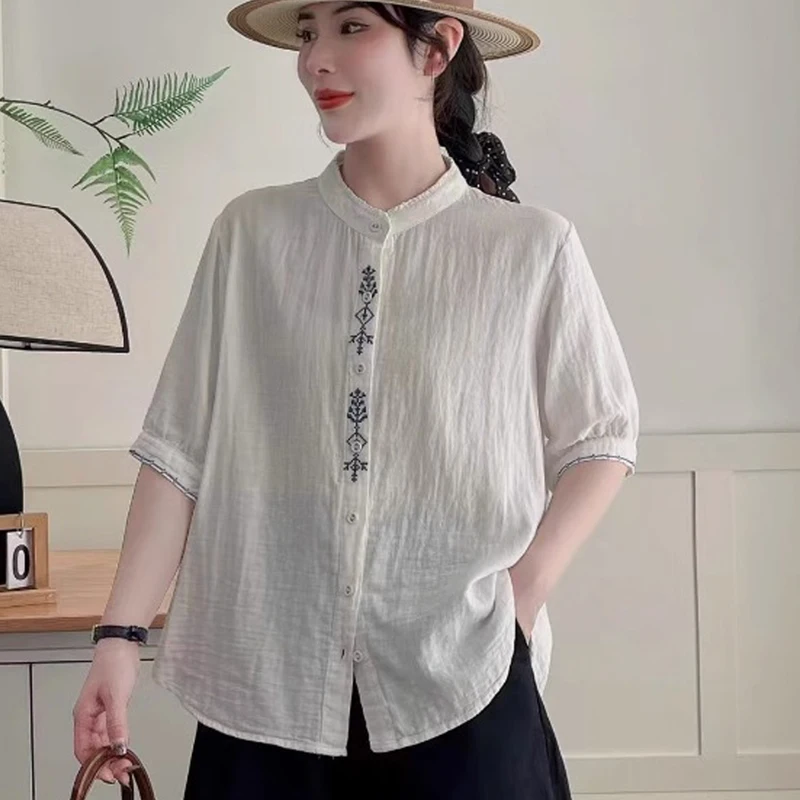 ใหม่2025ฤดูร้อนผ้าฝ้ายเส้นด้ายครึ่งแขนเสื้อผู้หญิงยืนเย็บปักถักร้อย, MoriสาวPreppyสไตล์หวานสบายๆหลวมเสื้อT56623CC