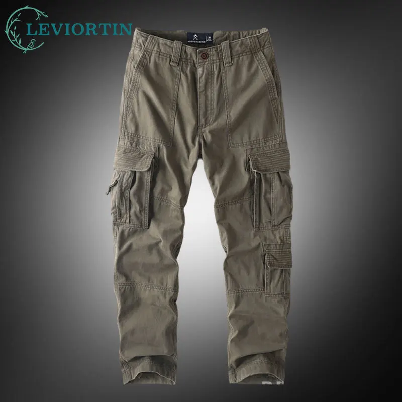 

American Style Men's Heavyweight Cotton Cargo Pants Multi-Pocket Casual Loose Straight-Leg Work Trousers Outdoor Jogger Pants