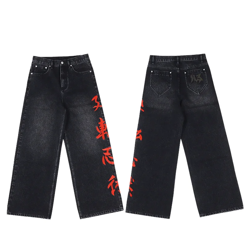 

Модные винтажные мешковатые джинсы с вышитым текстом в стиле Харадзюку 2000-х годов Y2K с высокой талией для мужчин и женщин, винтажная повседневная уличная одежда