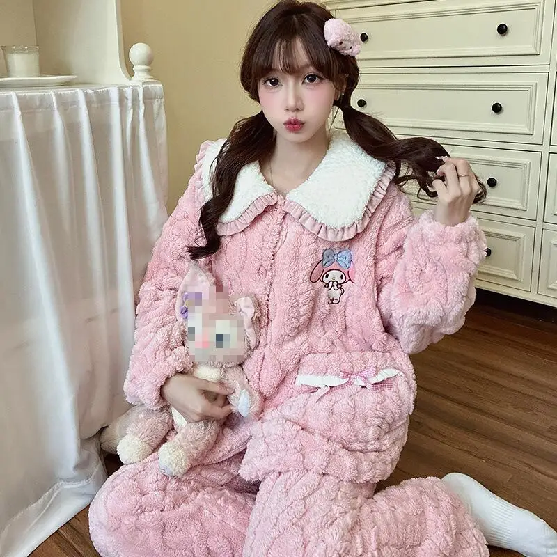 2 قطعة أنيمي لطيف طباعة المرأة منامة فتاة حلوة أفخم الملابس المنزلية الدافئة الكرتون Kawaii طالب بيجامة مجموعة الشتاء الدافئة ملابس خاصة