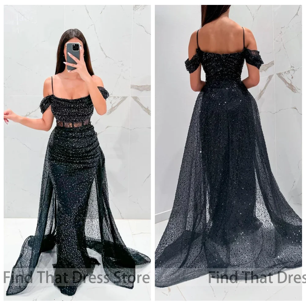 

Custom Made Glitter Spaghetti Straps Beaded Sequins Evening Gown Sexy Mermaid Pleated Backless Detachable Train Prom Dress