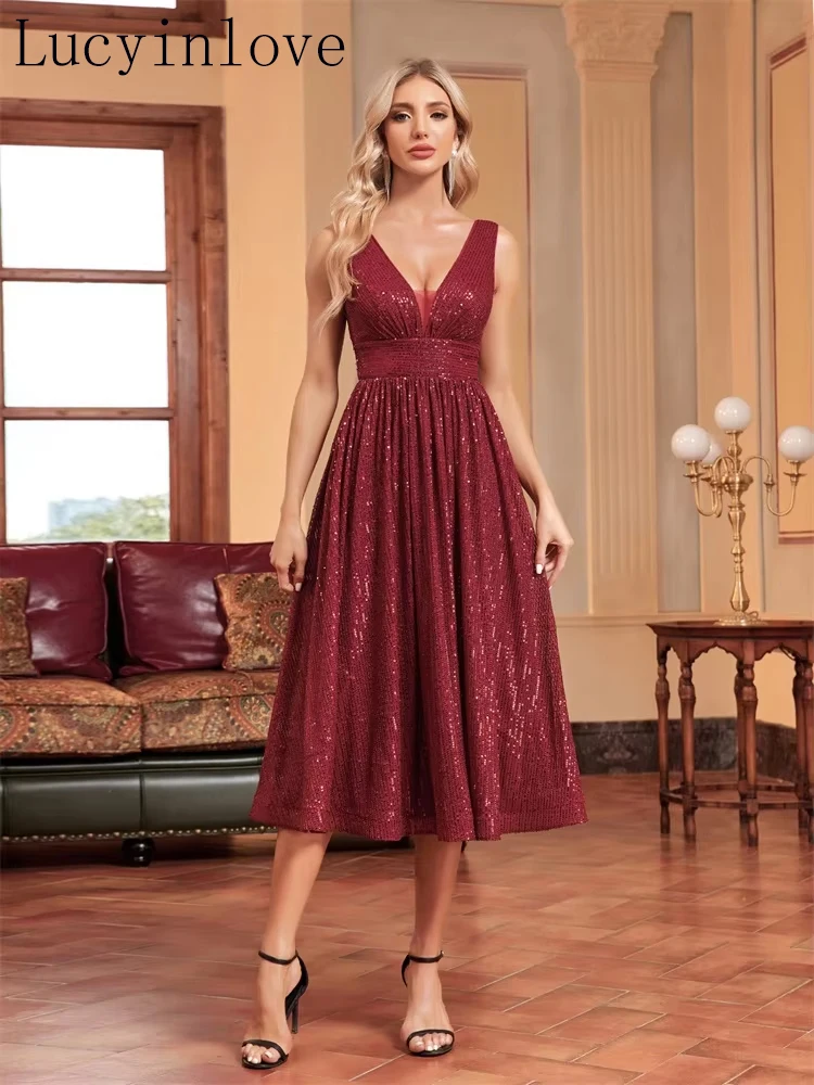 Lucyinlove Luxury scollo a V senza maniche paillettes abiti da Cocktail donna Red Wedding Party abito da sera abito da laurea Vestidos