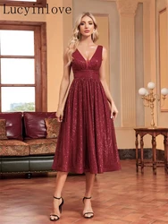 Lucyinlove Luxury V Neck Sleeveless Sequins Cocktail Dresses Women Red Wedding Party Evening Dress Graduation Gown Vestidos