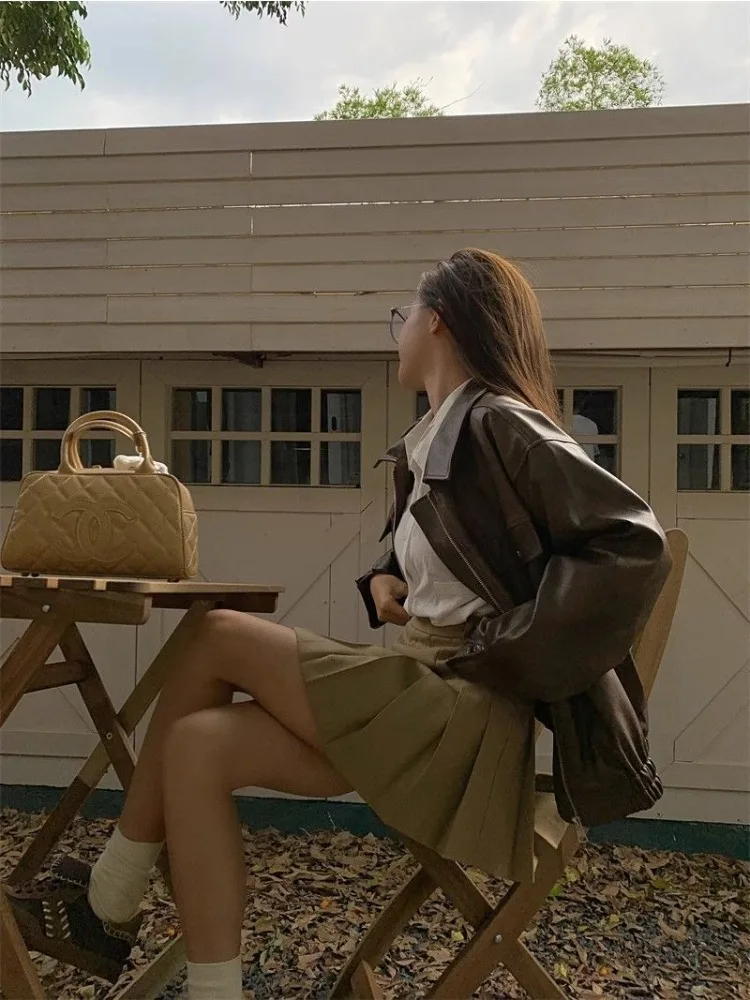 Marrom vintage zíper jaqueta de couro feminino causal estilo coreano jaqueta de couro feminino 2025 outono moda streetwear bolsos casaco