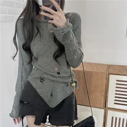 Gidyq Streetwear Women Ripped T Shirt Fashion Hollow Out Irregular Long Sleeve Tops Korean All Match Female Solid Tees