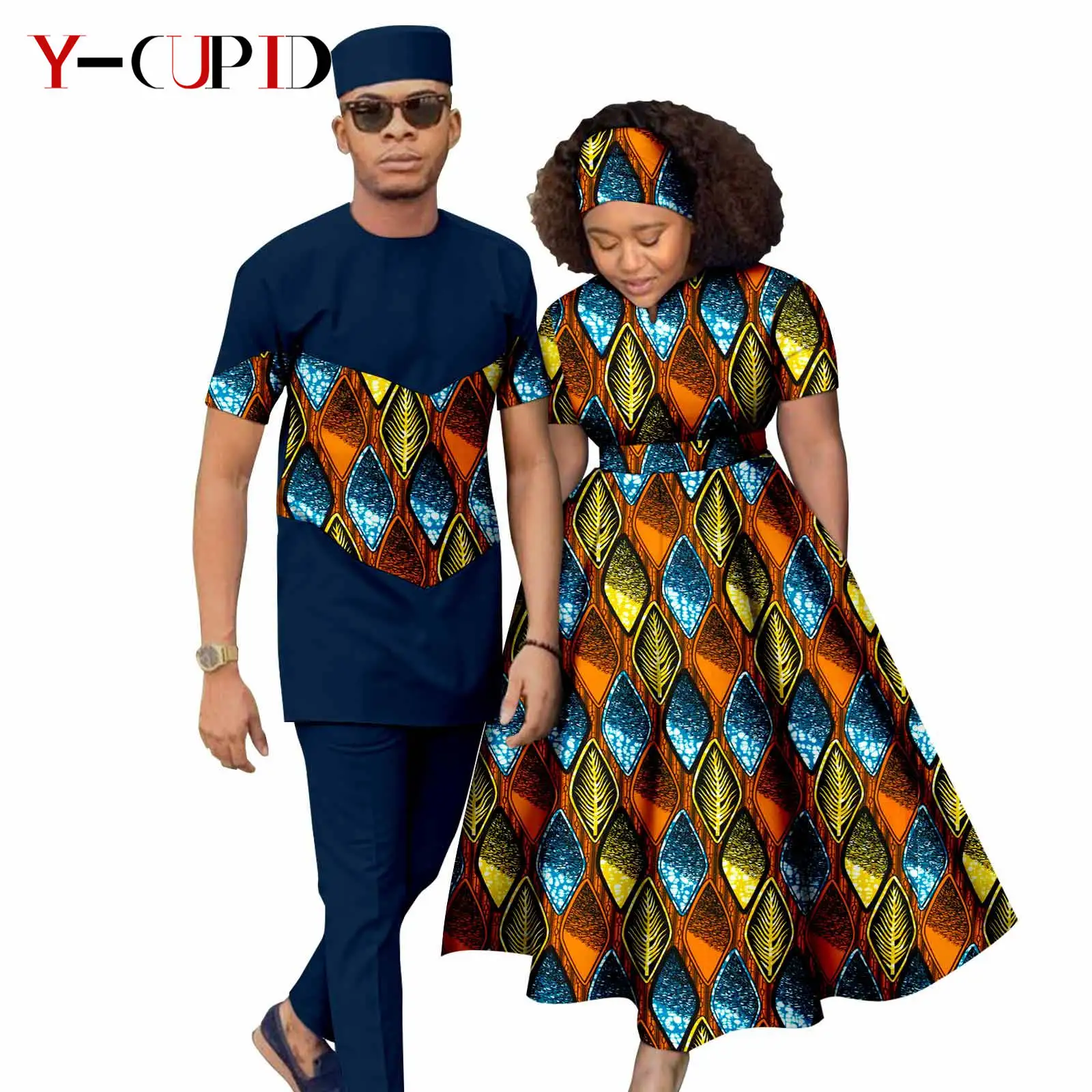 African Print Long Dresses for Women Matching Men Outfits Cap Patchwork Top and Pant Sets Dashiki Couple Clothes Kaftan Y23C052