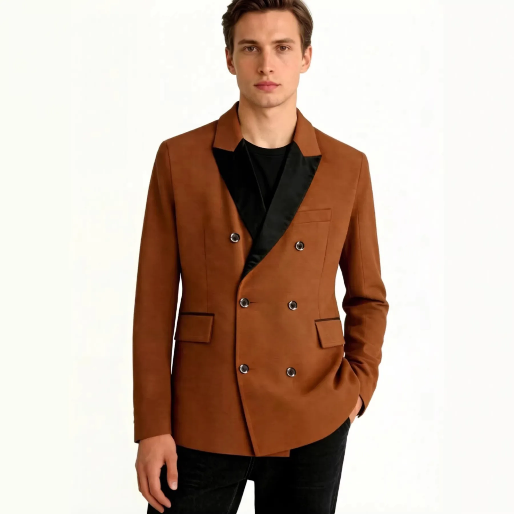 

New men's spring and autumn gentleman elegant sense solid color double breasted simple fashion business suit top