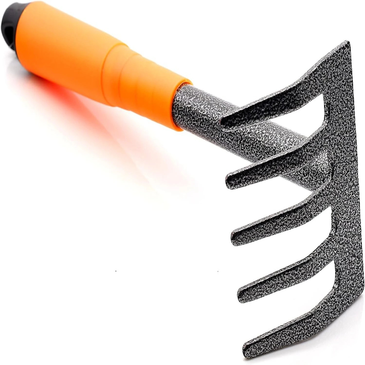 Garden Hand Rake, Steel Garden Cultivator Tools Portable Black and Orange Small Rake with Anti-rust Comfortable Handle and 5 Tin