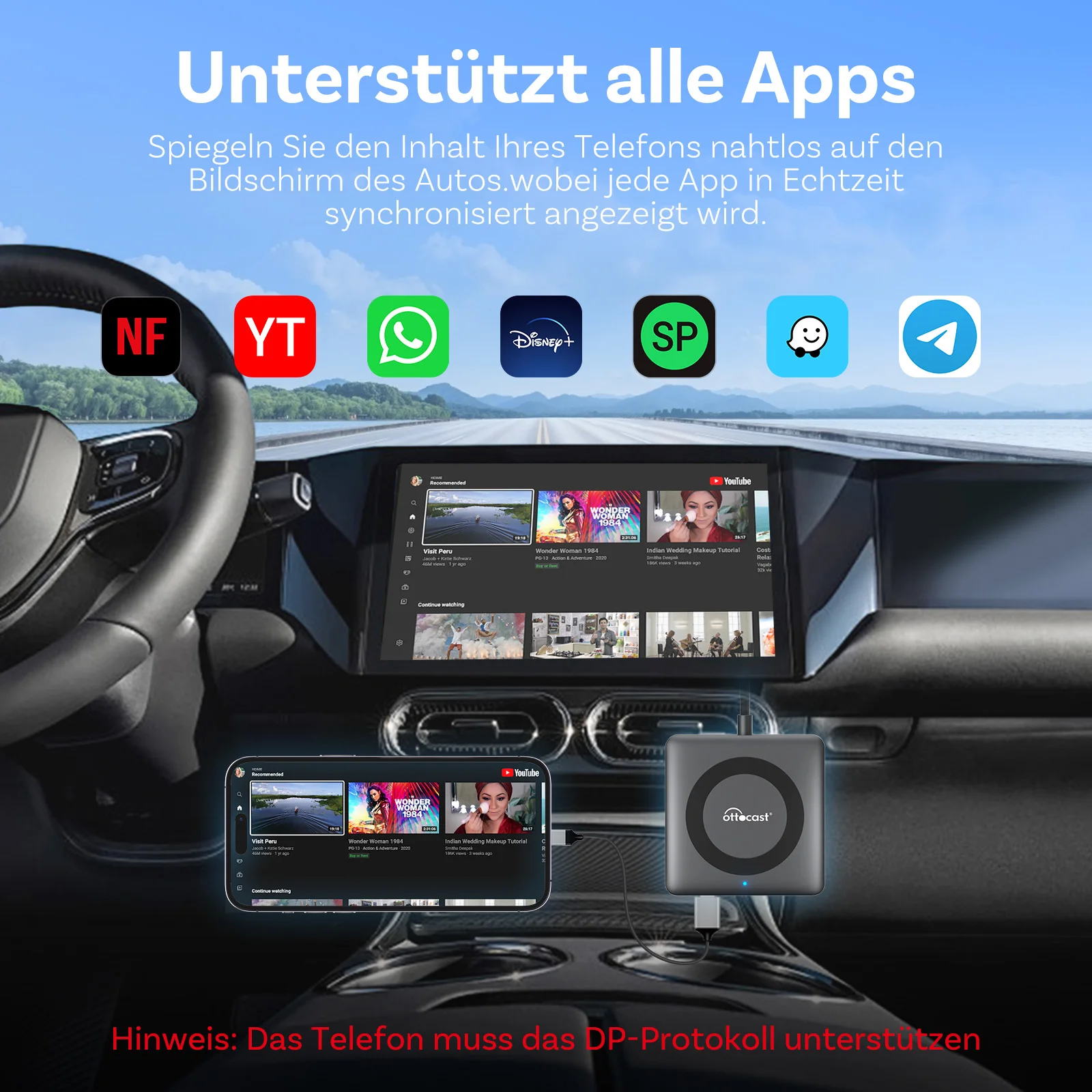 OTTOCAST Car TV Mate Pro Kabelloser CarPlay Adapter HDMI Auto-Adapter, Kabelloser CarPlay Adapter 1080P Video-Streaming Fire TV Stick Unterstützung Plug & Play