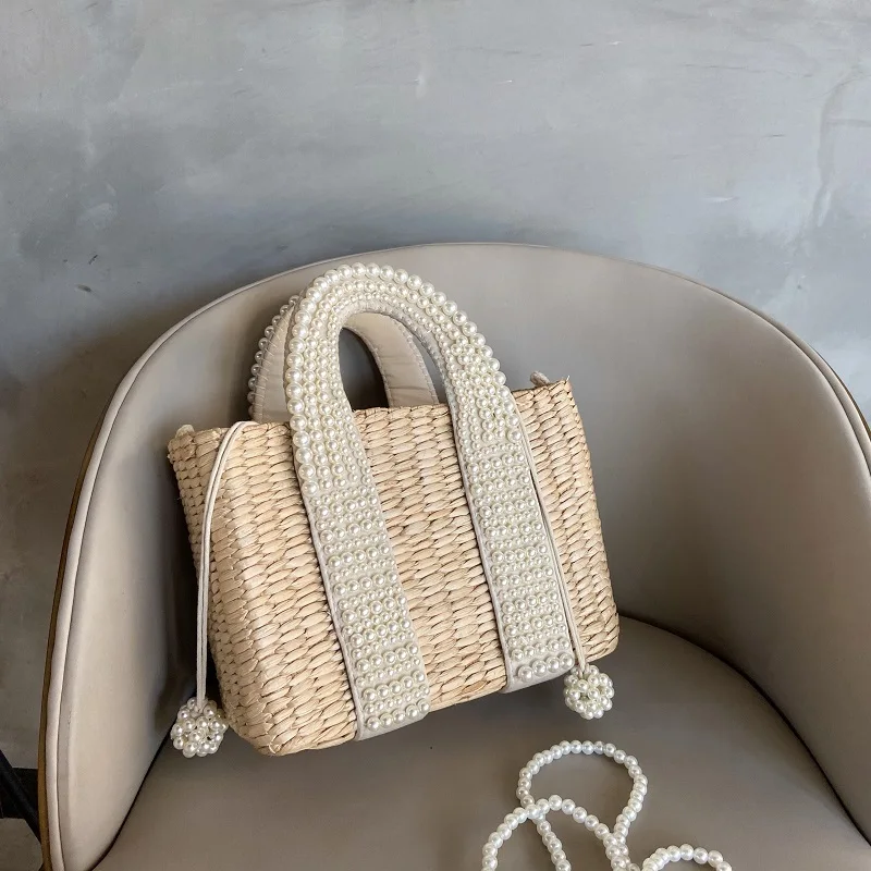 Summer Beach Straw Bag Large Tote Baskets Design Beading Wicker Woven Shoulder Bags Luxury Fashion Pearls Rattan Women Handbags