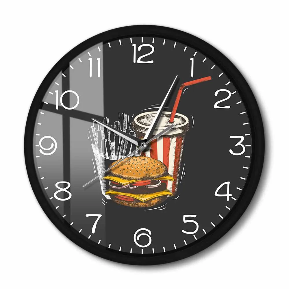 Best Fast Food In Town Metal Frame Round Clock Slient Hamburger French Fries Soda Takeaway Wall Watch For Restaurant Kitchen