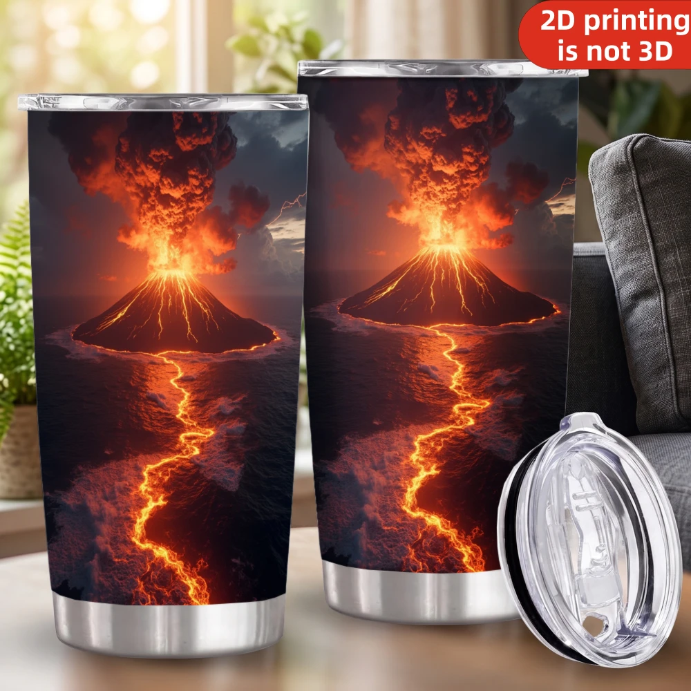 20oz Volcanic Eruption Lava Printed Stainless Steel Tumbler with Lid and Straw, Ocean Volcano Fire Nature Landscape Vacuum Insulated Travel Coffee Mug Gifts for Men