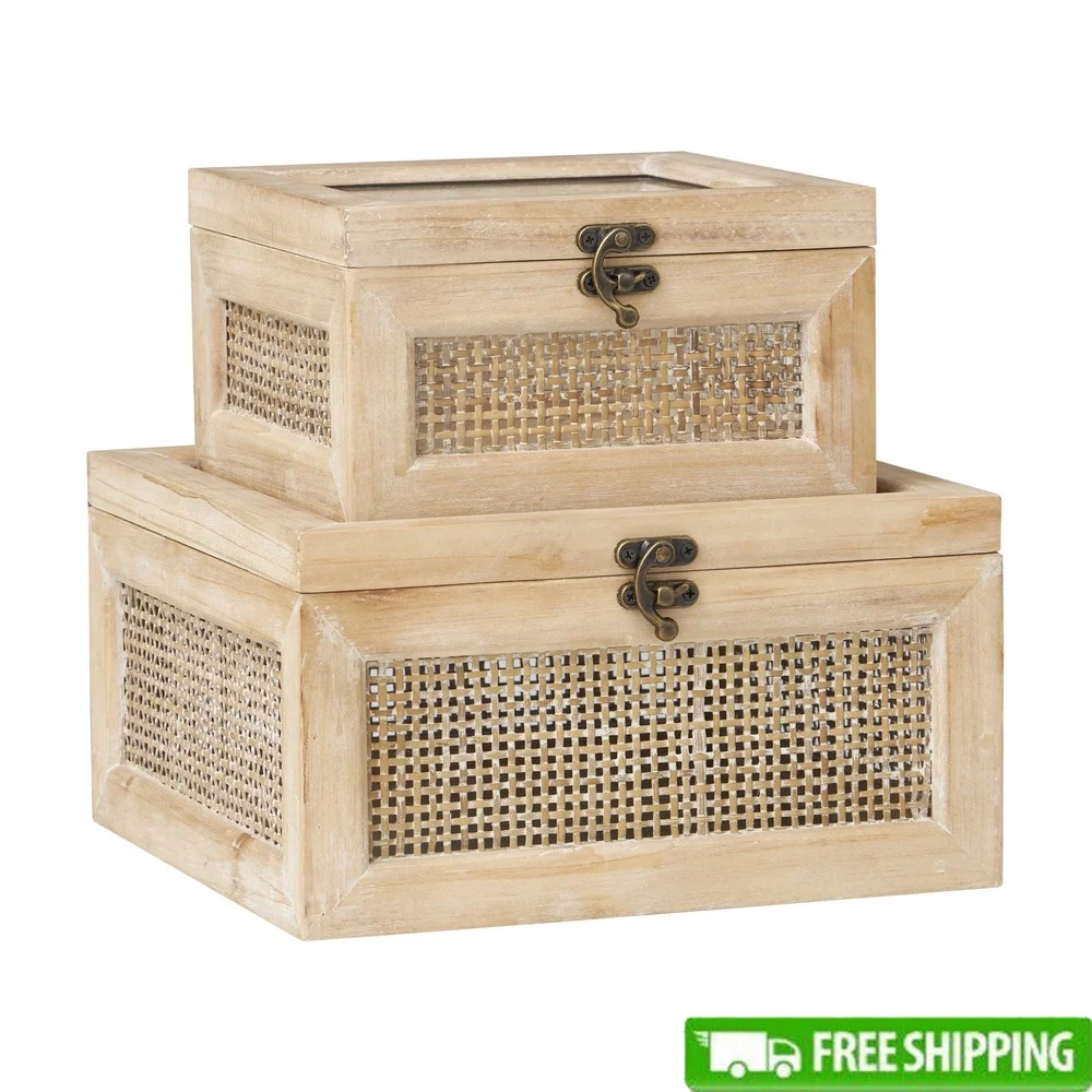 

Bohemian Decorative Storage Boxes with Glass Top Rattan Panels and Bronze Hook Closures Set of 2 Jewelry and Small Objects