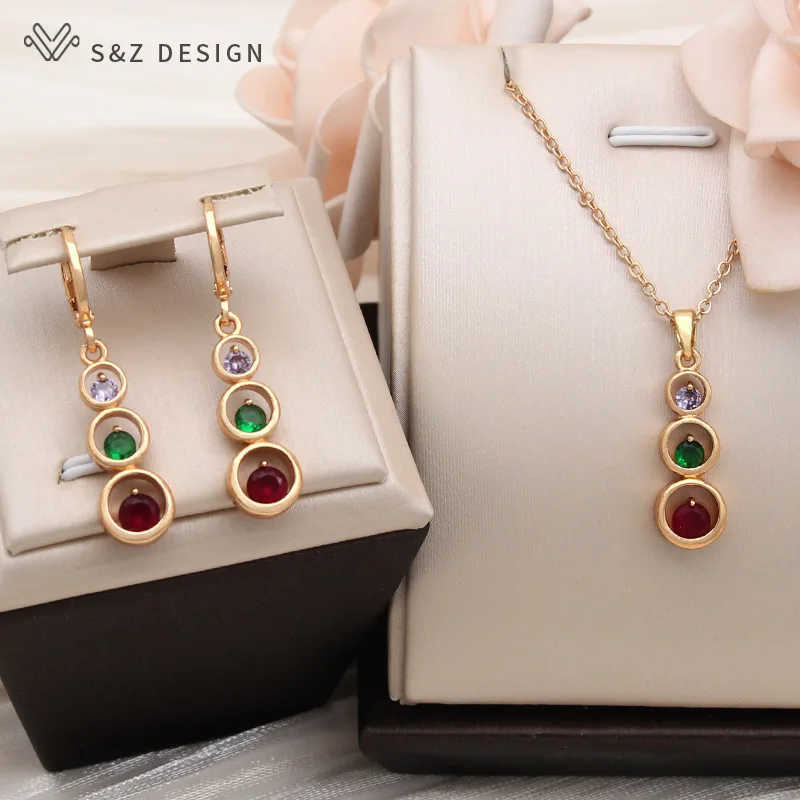 S&Z DESIGN New Fashion Gold Color Long Round Cubic Zirconia Dangle Earrings Jewelry Sets For Women Simple Pendant Necklace Gift