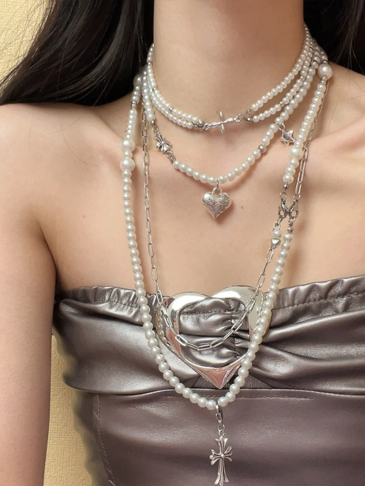 

Dark Style Layered Pearl Necklace Women's Long Sweater Chain Chic Girl Highend Feeling Heart Cross Collar Chain