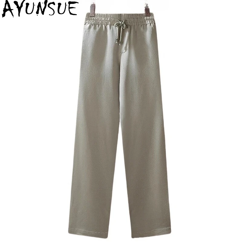 AYUNSUE 100% Real Mulberry Silk Pants for Man High-end Summer Casual Straight Pants Trousers Elastic Waist Sport Pants Menswear