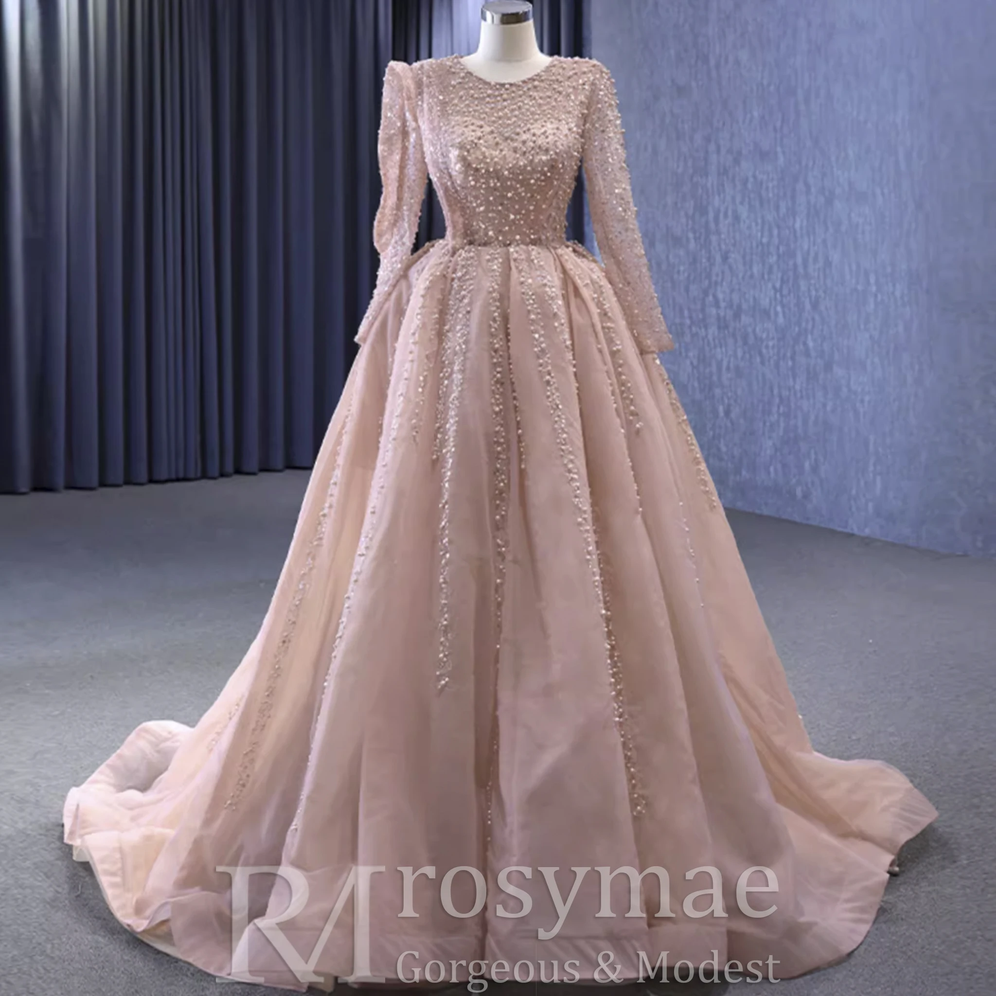 Suknia wieczorowa Rosymae, długa, z długim rękawem, balowa, na konkurs piękności, zdobiona perłami, elegancka, jasnoróżowa, formalna, dla gościa weselnego.