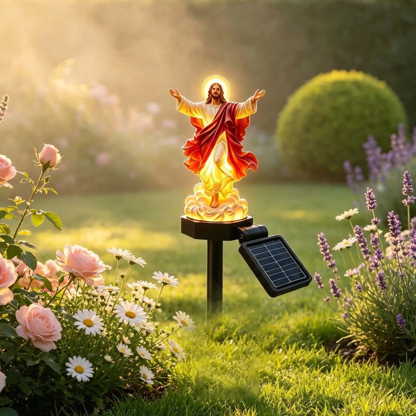 Solar Jesus Garden Statue Resin Religious LED Sculpture With Stake Solar Garden Stake Light For Yard Patio Deck Porch Backyard