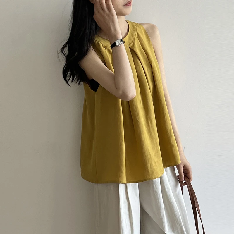 

Johnature Korean Linen New Halterneck Shirt Women 2024 Summer Loose Simple Sleeveless Soft Casual Tops