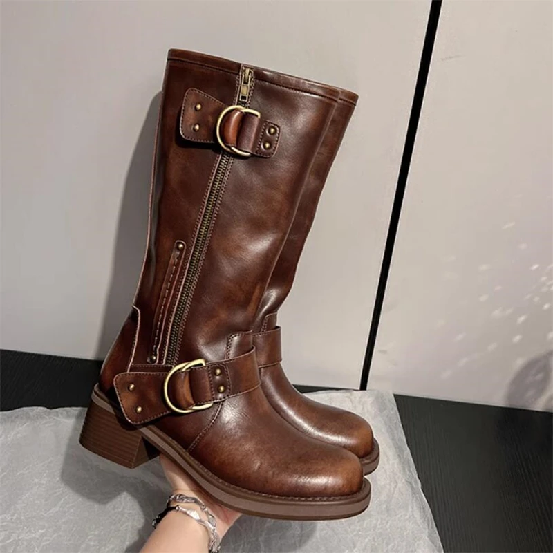 

New Women Shoes Western Cowboy Boots Brown Fashion Metal Decoration Work Chelsea Boots Female Modern High Heel knights Boots