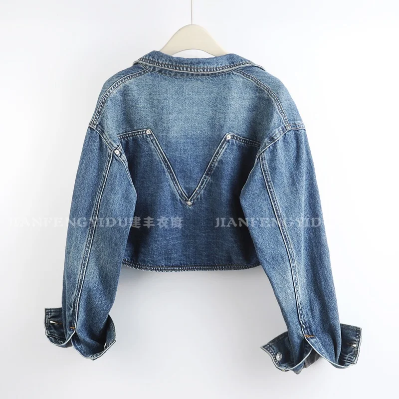 Autumn Fashion Loose Big Pocket Short Cowboy Outerwear Women Casual Lapel Single-Breasted Long Sleeve Female Jeans Jacket Coat