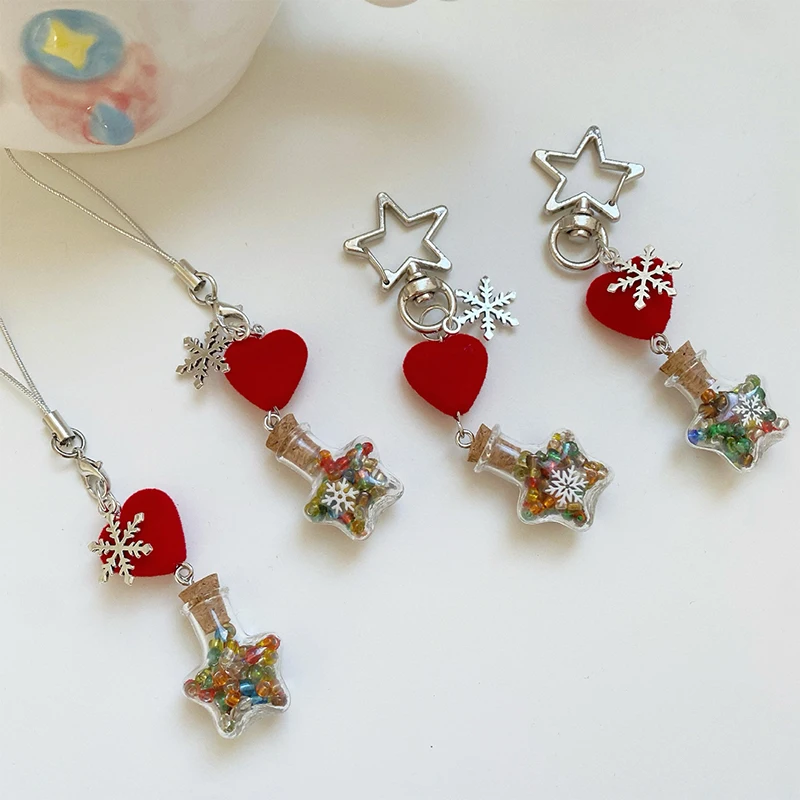 Christmas Wishing Bottle Phone Lanyard Snowflake Flocking Heart Keyring Mobile Phone Chain Girly Bag Pendant Cute Xmas Gifts