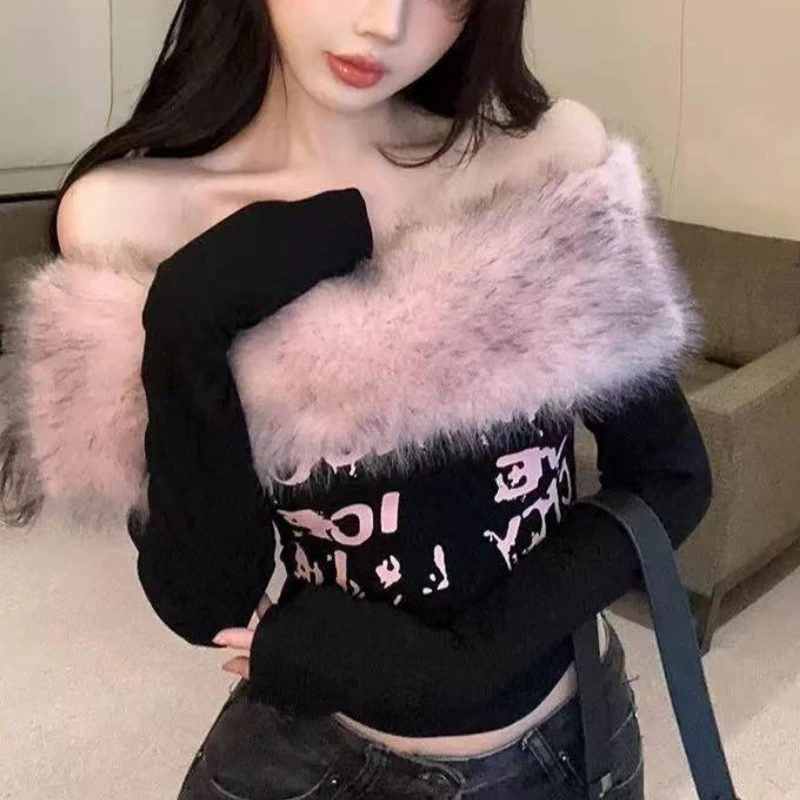 Gyaru Korean Fashion Clothing Autumn Winter Women Shoujo Y2k Coquette Blouse Slant Neck T-Shirt Long Sleeve Cropped Tops