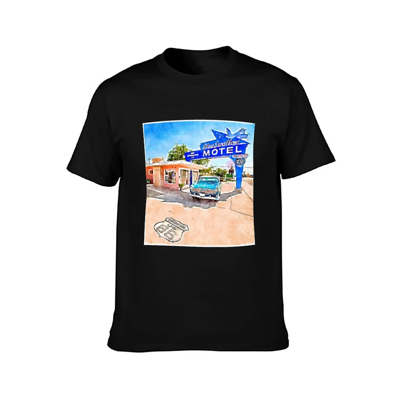 Watercolor Route 66 Blue Swallow Hotel T-Shirt, Summer Casual Cotton Tee, Oversized Streetwear Tops, Vintage Graphic Print