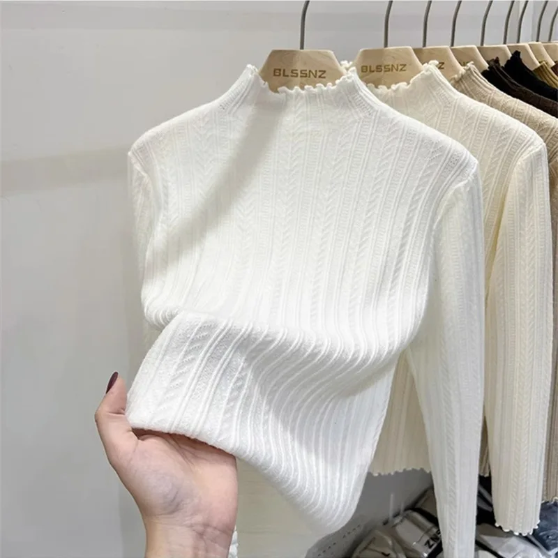 Temperament Casual Style Wooden Ear Edge Women Base Shirt 2024 Autumn Winter Wheat-Ear Sweater Half High Neck With Knit Shirt