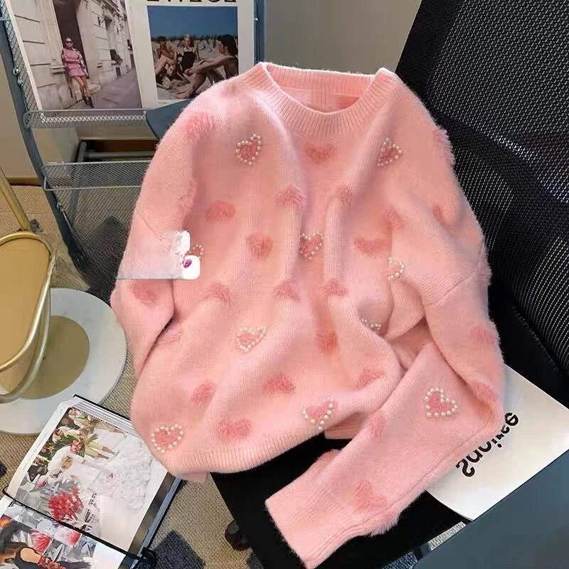 Sweet Style Heart Shaped Beaded Women's Knitted Sweater Loose Fit Overhead round Neck Long Sleeve Soft And Cozy Autumn Winter