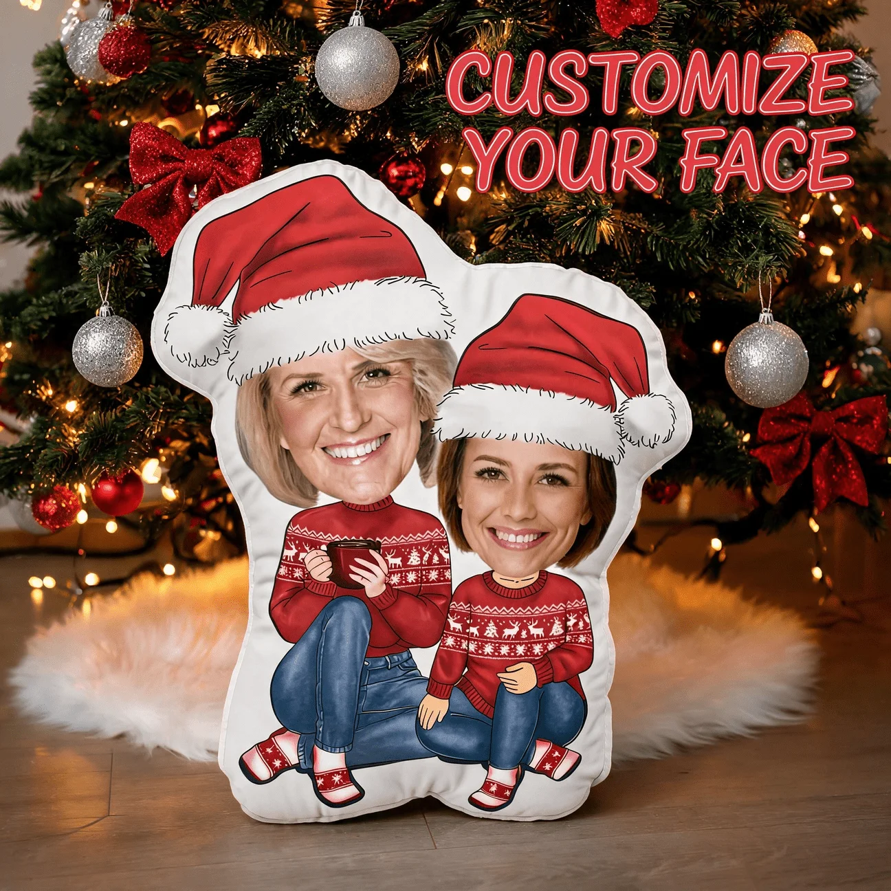 Custom Photo Shaped Pillow, Personalized Christmas Family Portrait Decorative Cushion, Festive Red Sweater & Santa Hat Design, P