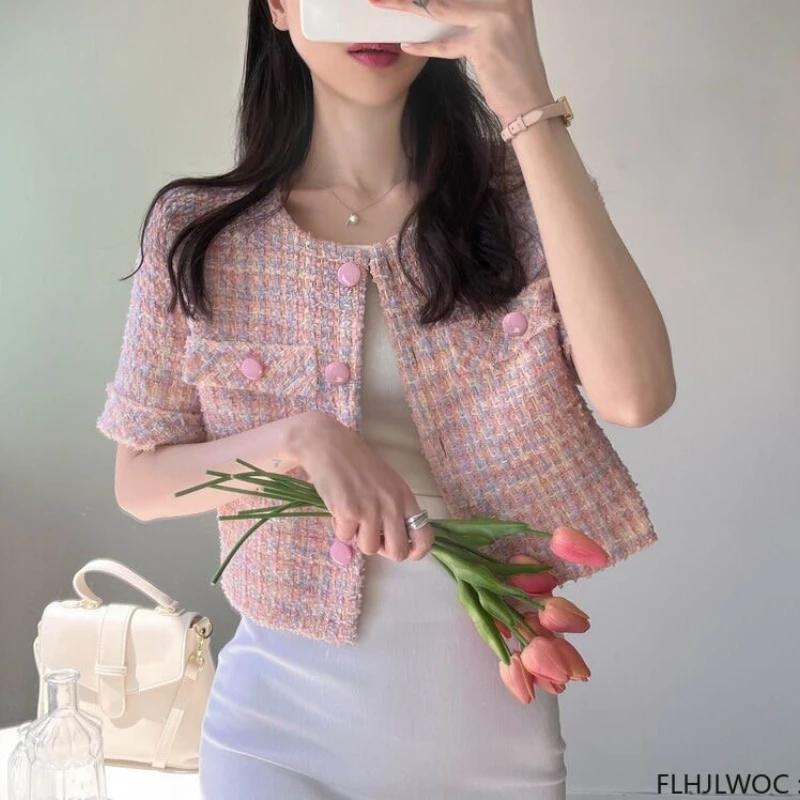 Chic Korea Short Crop Coats New Design Women Japan Girls Office Lady Pink Button Short Sleeve Jackets