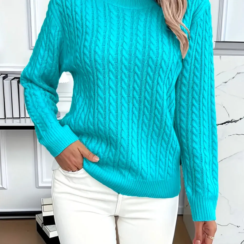 Trendy Women Sweater Cable Texture Crew Neck Pullover Long Sleeve Soft Knitwear Casual Elegant Slim Fit Streetwear