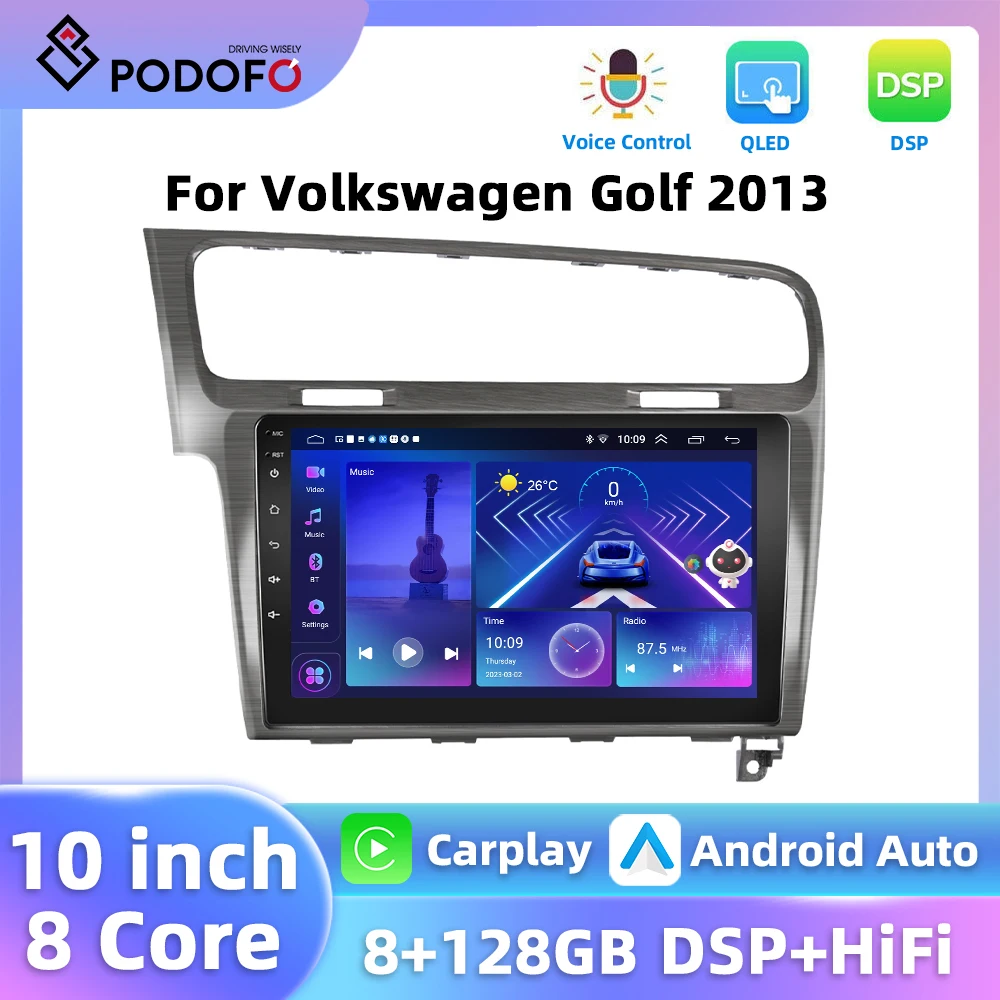 Podofo 2Din 8+128G Car Stereo For Volkswagen Golf 7 2013-2018 2Din 8Core DSP Bluetooth Carplay Android Auto Mirror Link Audio