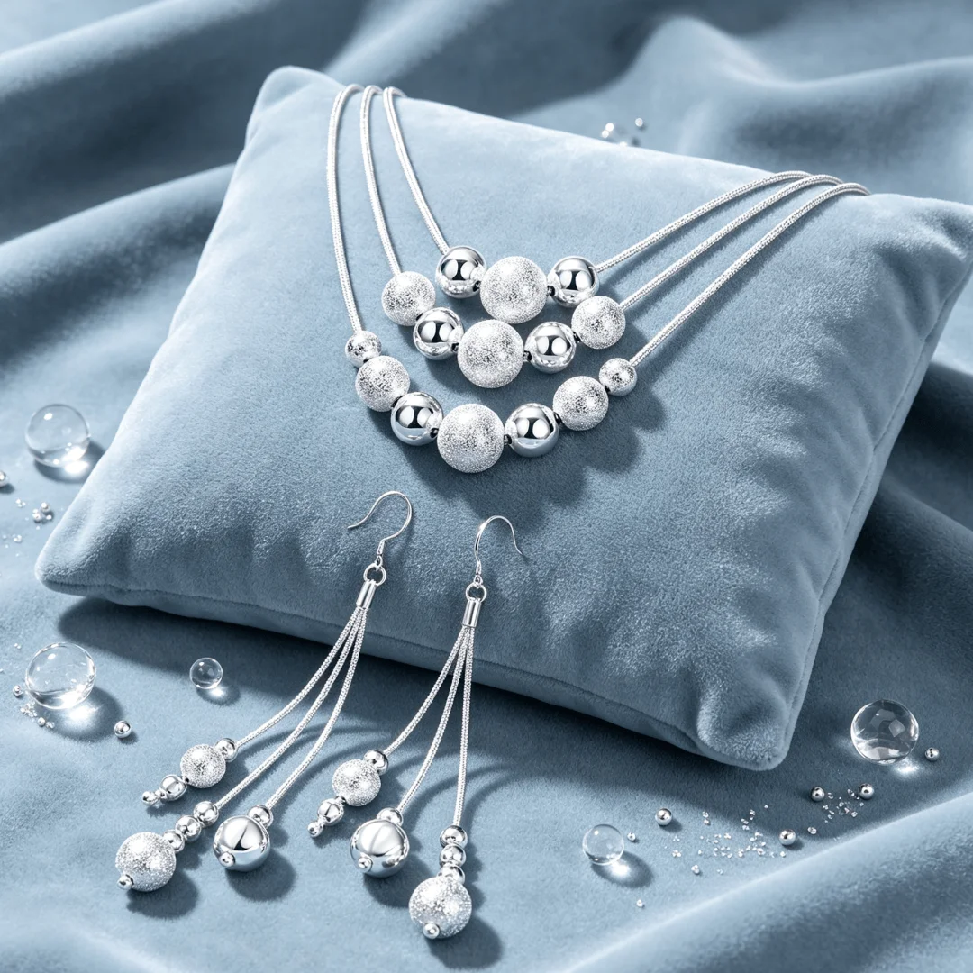 Hot popular 925 sterling silver Custom Tassel Beads necklace earrings Jewelry set for women Fashion Gifts boutique accessories