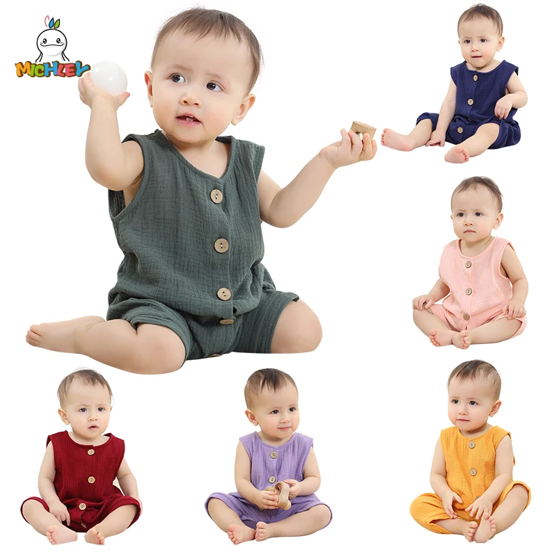 Michley Lente Katoenen Baby Romper Mouwloze Pasgeboren Baby Bodysuit Kleding Jumpsuit Effen Kleur Peuter Jumpsuit Voor Jongens Meisje