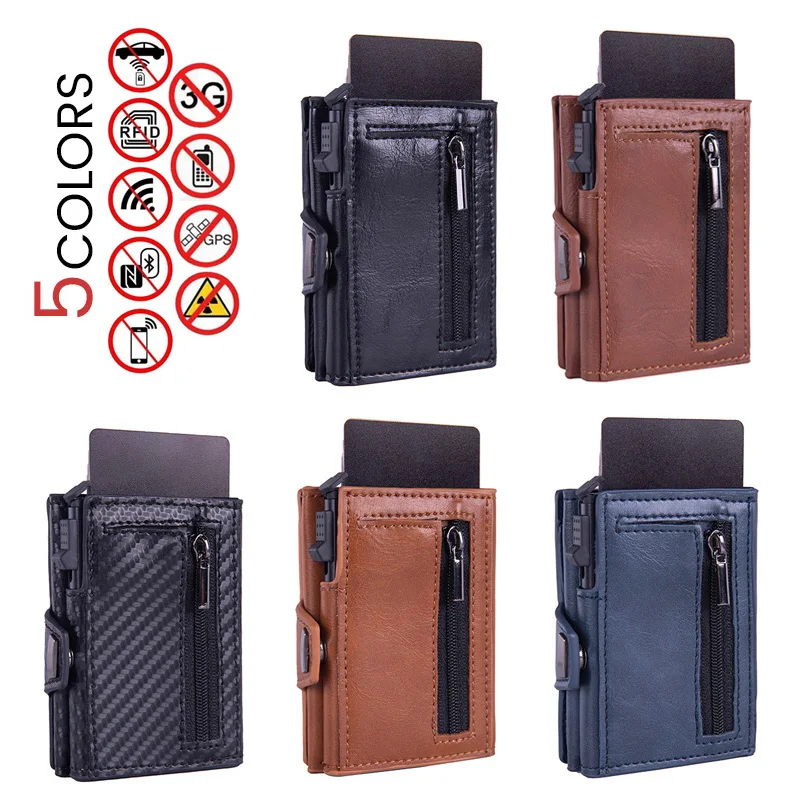 Carbon fiber Automatic Pop Up Men Purse Signal Shielding Bag Faraday Bag ID Credit Card Holder Rfid PU Leather Money Clip