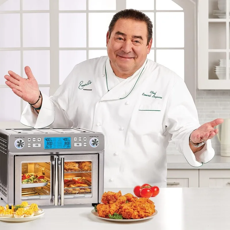 مجموعة فرن مقلاة هوائية Emeril Lagasse Dual Zone 360 مع باب فرنسي، 25 كيو تي كبيرة جدًا، طهي طعامين بطريقتين مختلفة