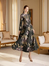 Luxury Women Long Maxi Jacquard Dress Spring Autumn Boho Floral Fashion Clothing Ladies Party Evening Ball Gown
