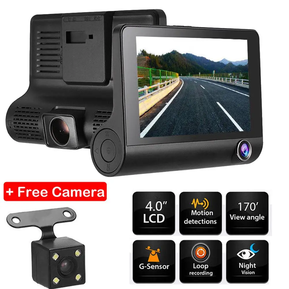 

4 Inch 3 Lens Vehicle Car DVR Dash Cam Three-way Video Recorder Rearview Camera G-sensor (Black)